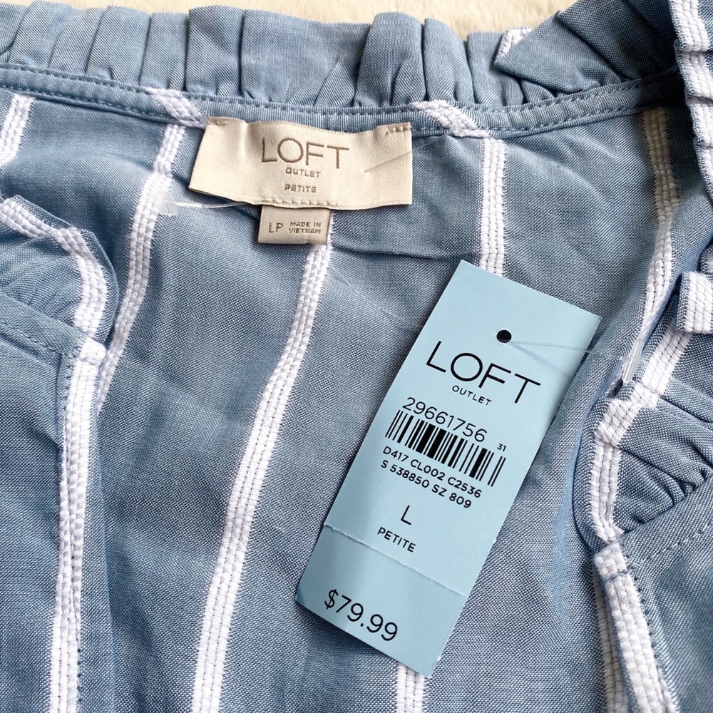 🦋 LOFT BOHO POWDER BLUE WHITE STRIPE BELTED RUFFLE SUMMER DRESS! - Picture 6 of 10